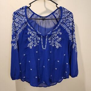 American Eagle Outfitters royal blue light weight embroidered boho blouse S